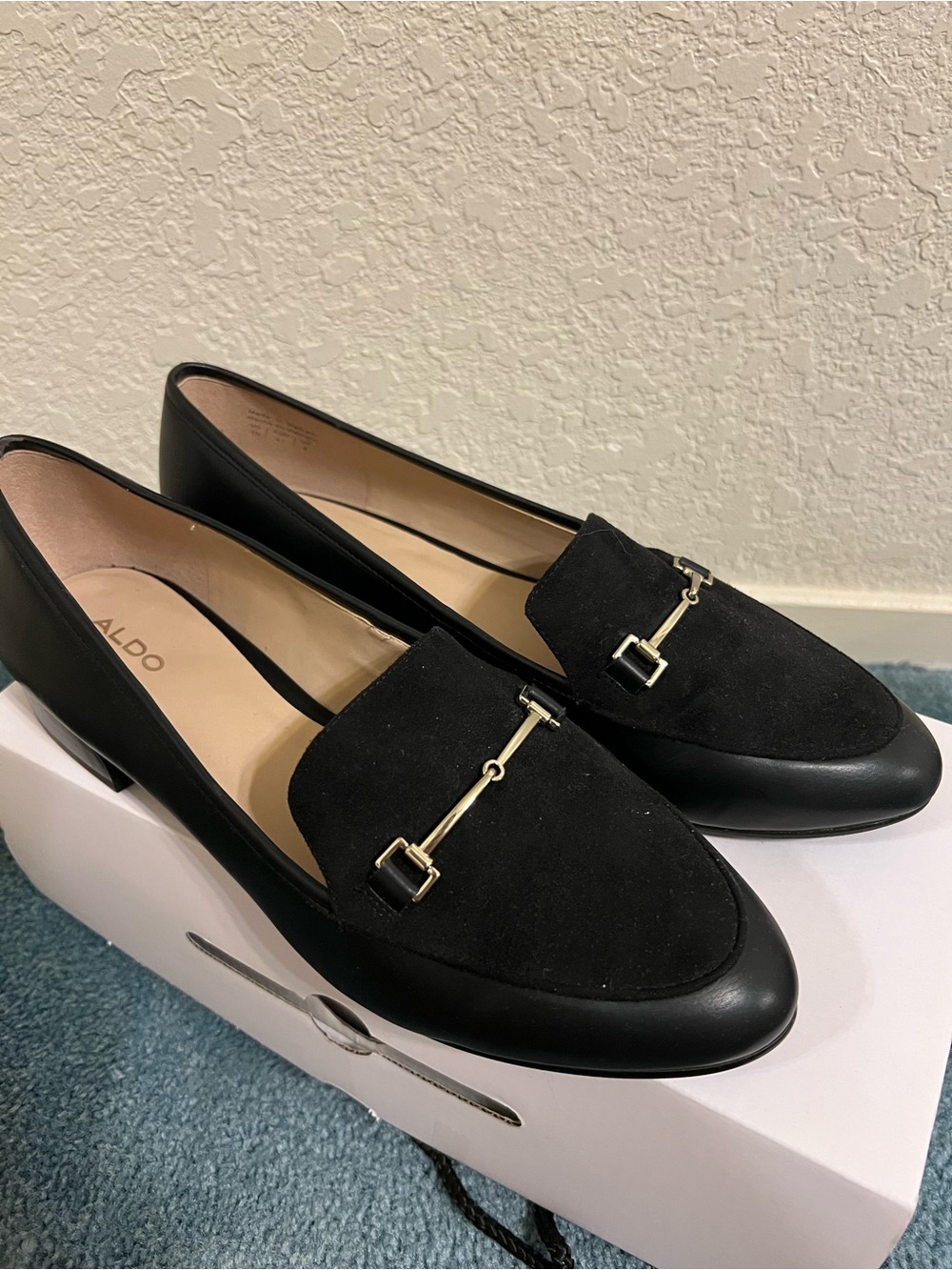 ALDO Black Suede & Leather Loafers with Gold Bit Accent